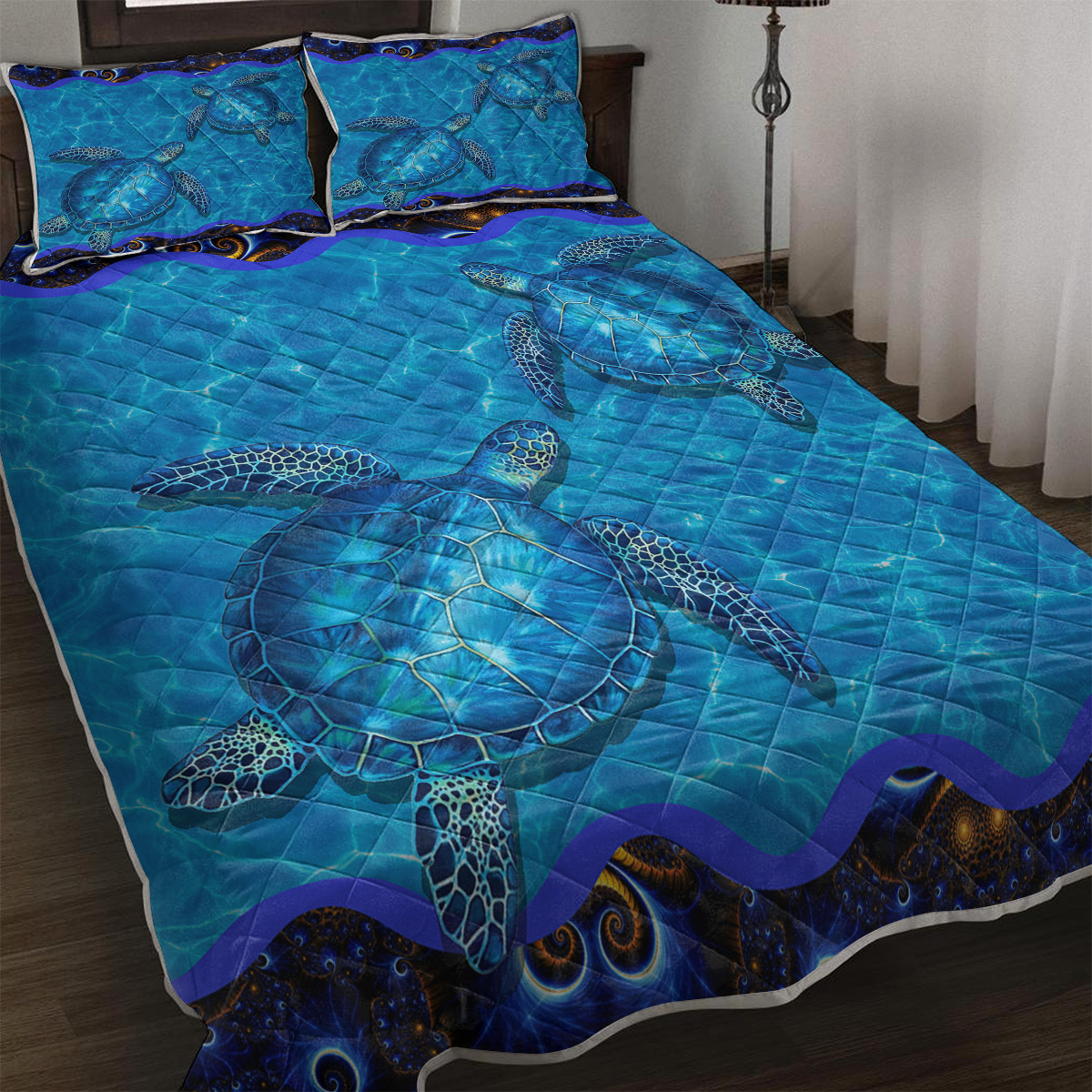 3-Piece Ocean Sea Turtle Printed Quilt Set Soft Microfiber Lightweight Bedspread Coverlet Blue Shell Animal Coverlet With 2 Pillow Shams