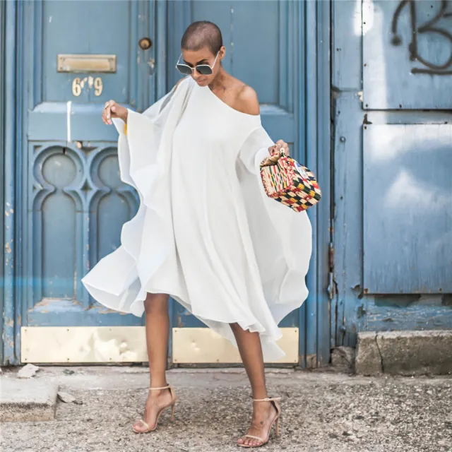 Women's Chiffon Off the shoulder Flying Sleeve Dress White - Shop at LoveMi