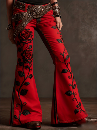 Pantalon évasé femme rétro imprimé, taille haute à bouton unique – Color14, XXL