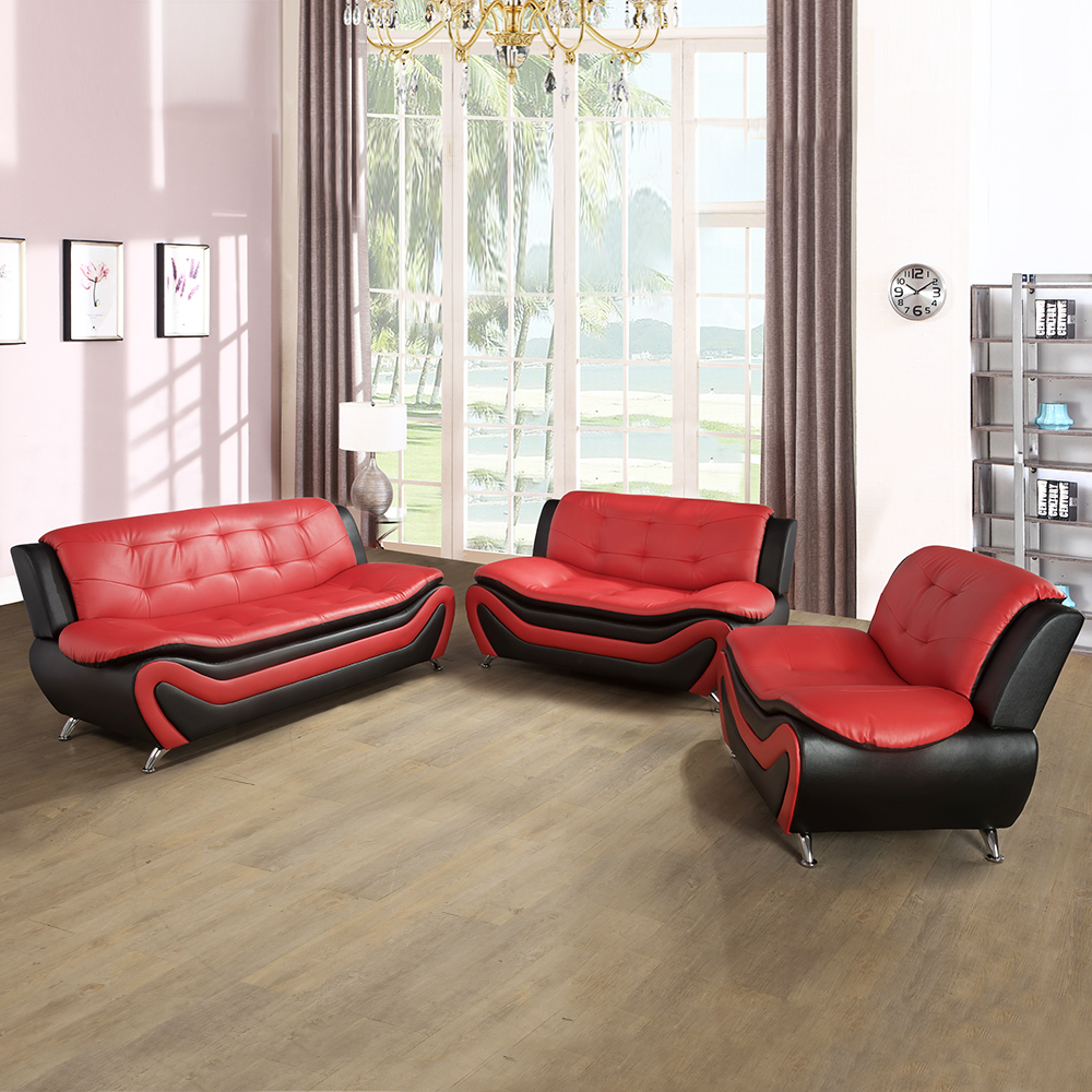 Pickup Only--Black & Red Faux Leather 3-Piece Couch Living Room Sofa Set
