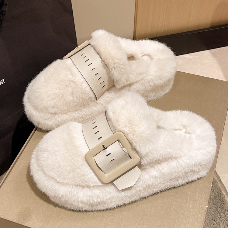 Women's Thick Bottom Plush Plush Slippers Outerwear Beige - Shop at LoveMi