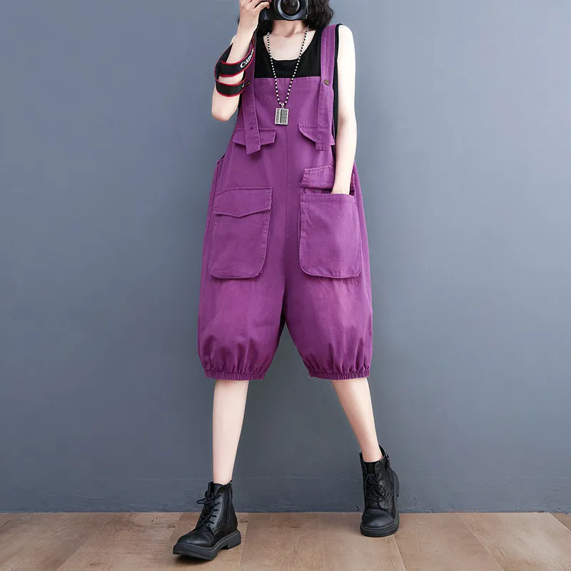 Plus Size Women's Korean Style New Denim Washed Denim Overalls - Purple
