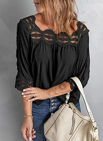 Female Lace Stitching Loose Leisure Five Point Sleeve Black - Shop at LoveMi