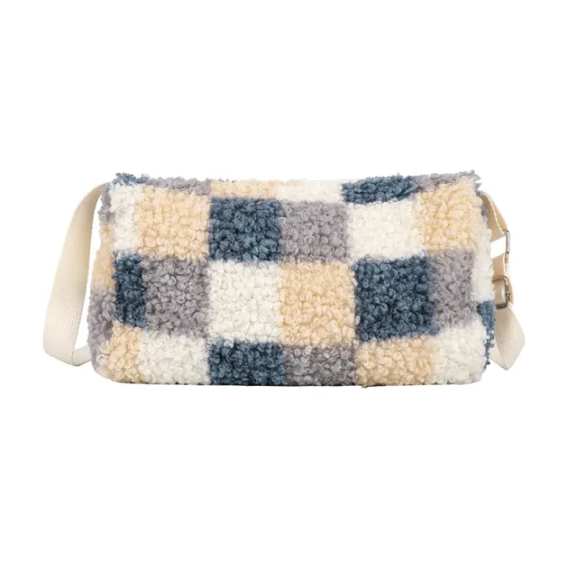 Plush Messenger Bag Fashion Cute Small Plaid Blue - Shop at LoveMi
