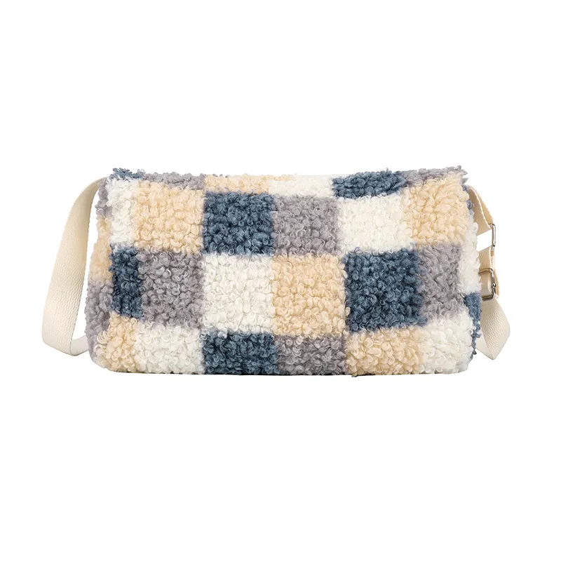 Plush Messenger Bag Fashion Cute Small Plaid - Blue