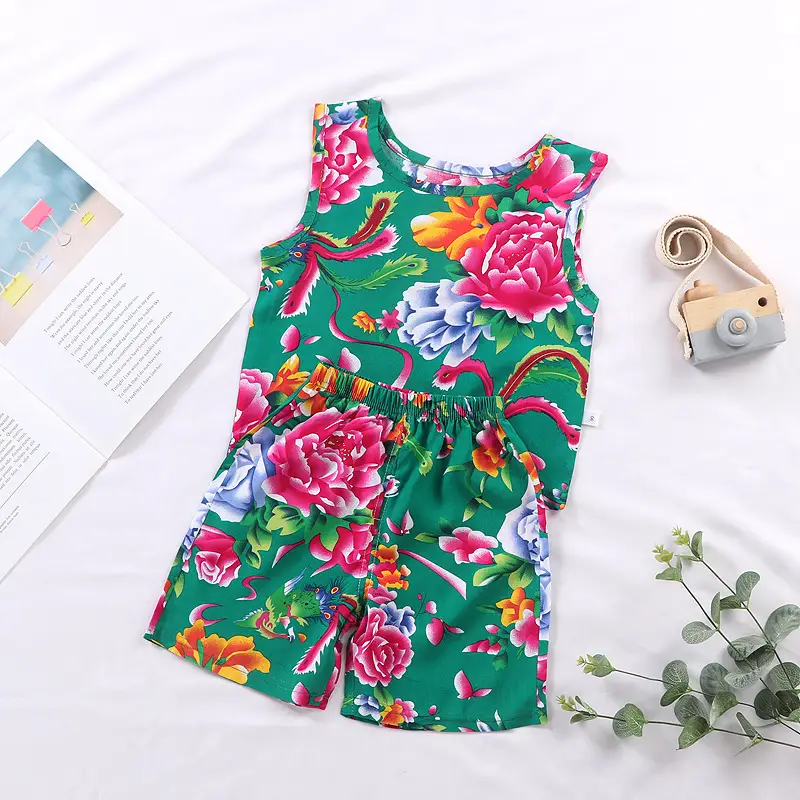 Children's Vest Suit Boys And Girls Summer Thin Cotton Silk Floral Hanging