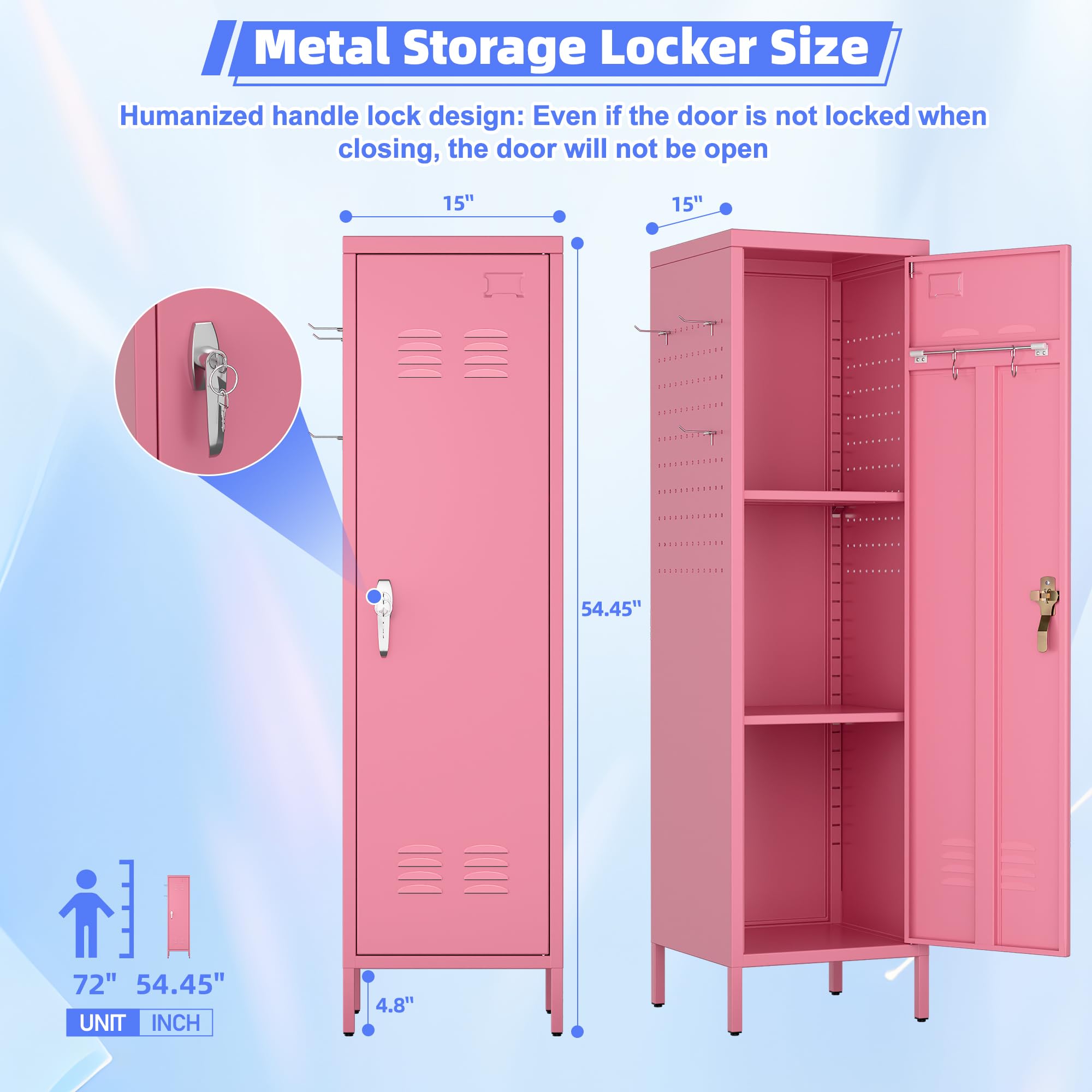 SUPEER Lockable Metal Lockers With Handle And Keys,Metal Storage Locker With 2 Pegboard & 5 Hooks For Home,Office,School,54.45inch H X 15inch W X 15inch,Pink,Required Assembly — foto 4