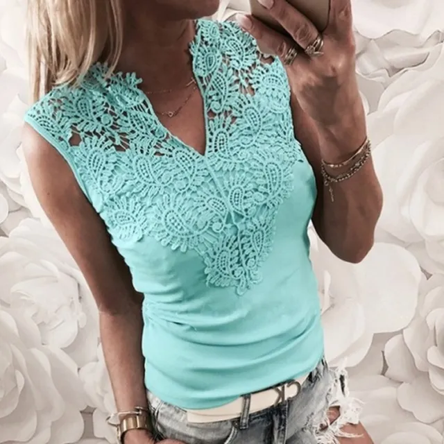 Women's Solid Color Stitching Lace V neck T shirt Blue - Shop at LoveMi