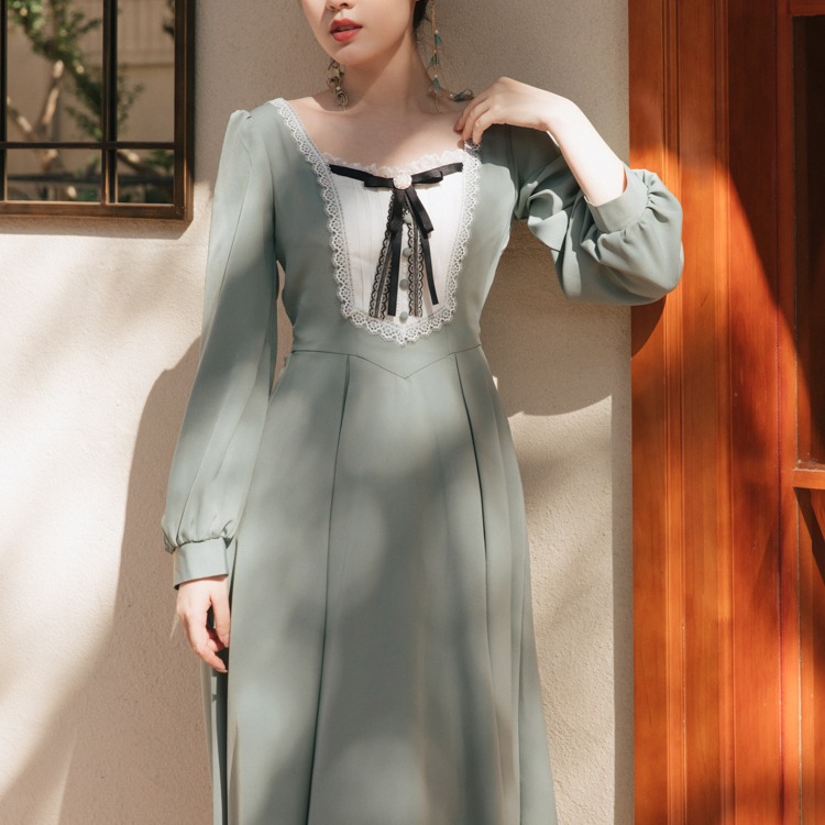 Square Neck Puff Sleeve  High Waist Student Dress