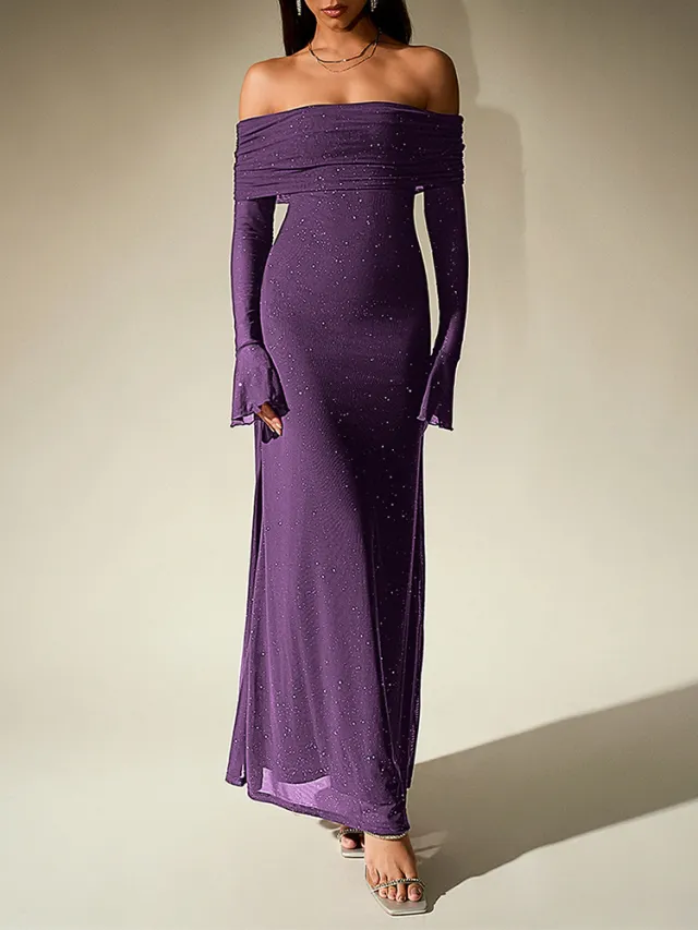 Black Off Shoulder Maxi Dress With Glitter Detail And Mesh Sleeves Purple - Shop at LoveMi