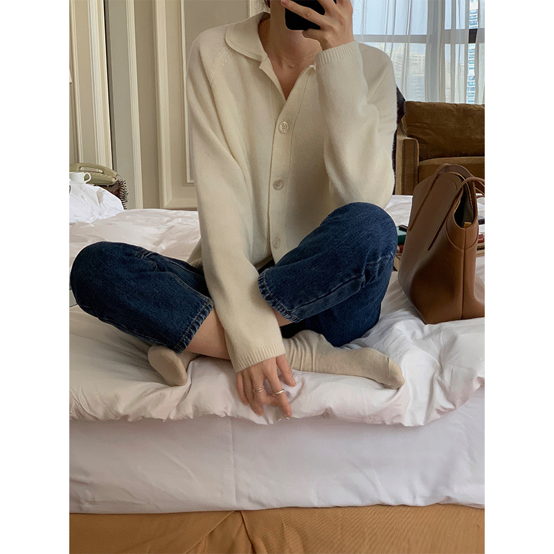 Title 15, White Lapel Knitted Cardigan Loose Solid Color