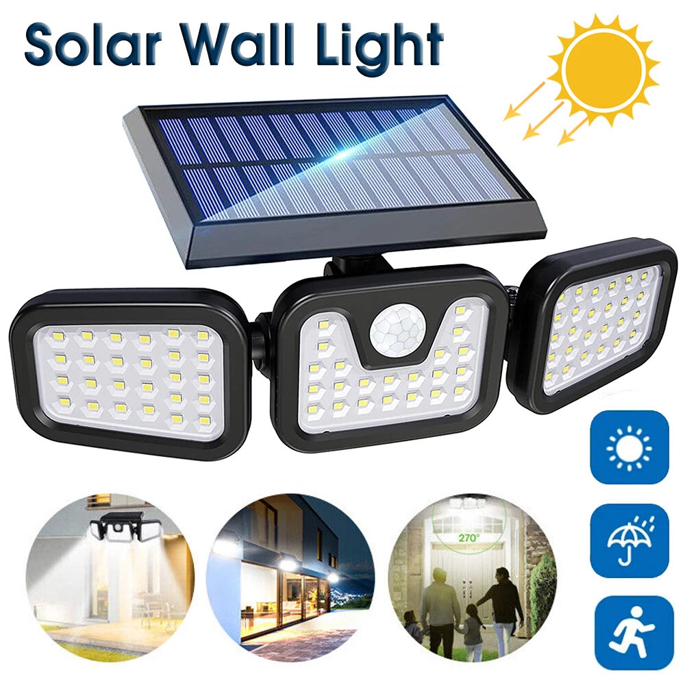3 Head 74 LED Solar Security Light PIR Motion Sensor Outdoor Garden Flood Lamp — image 2