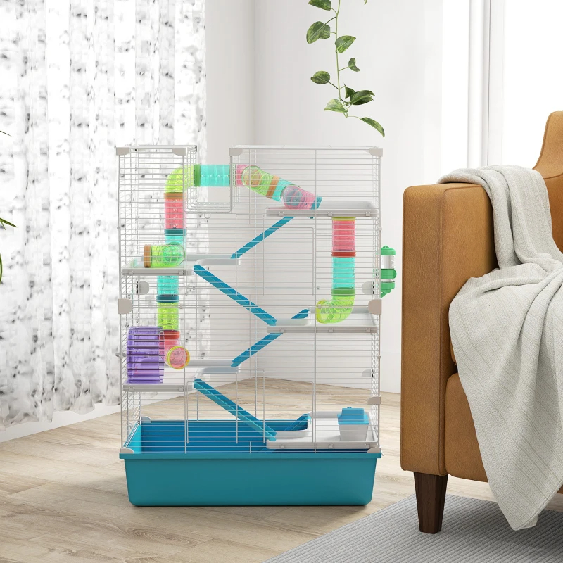 PawHut 6 Tier Hamster Cage With Tubes And Tunnels, Hut, Wheel, Food Dish, Water Bottle, Ramps, For Dwarf & Gerbil, Light Blue