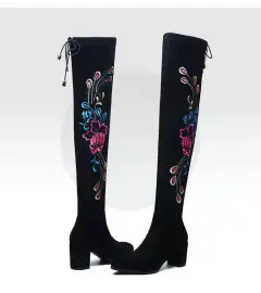 Women's Long Pointed Toe Thick-heeled Suede Boots - Black - View 1