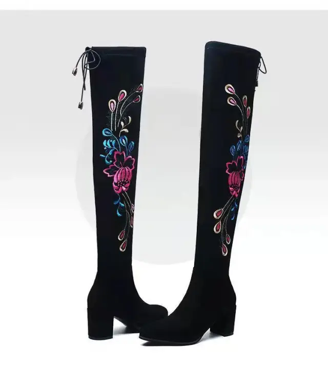 Women's Long Pointed Toe Thick heeled Suede Boots Black - Shop at LoveMi