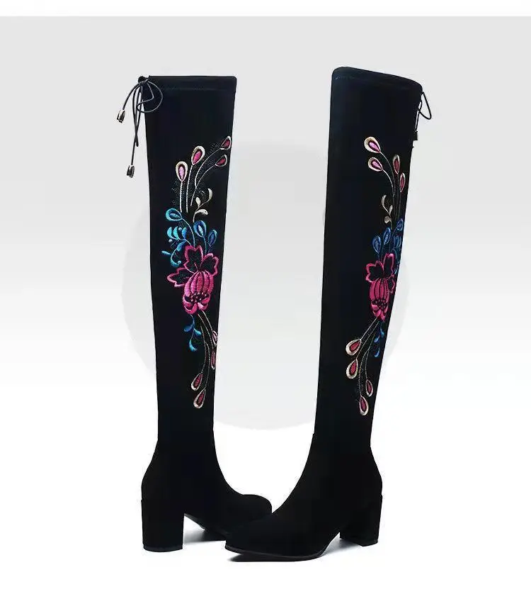 Women's Long Pointed Toe Thick-heeled Suede Boots - Black