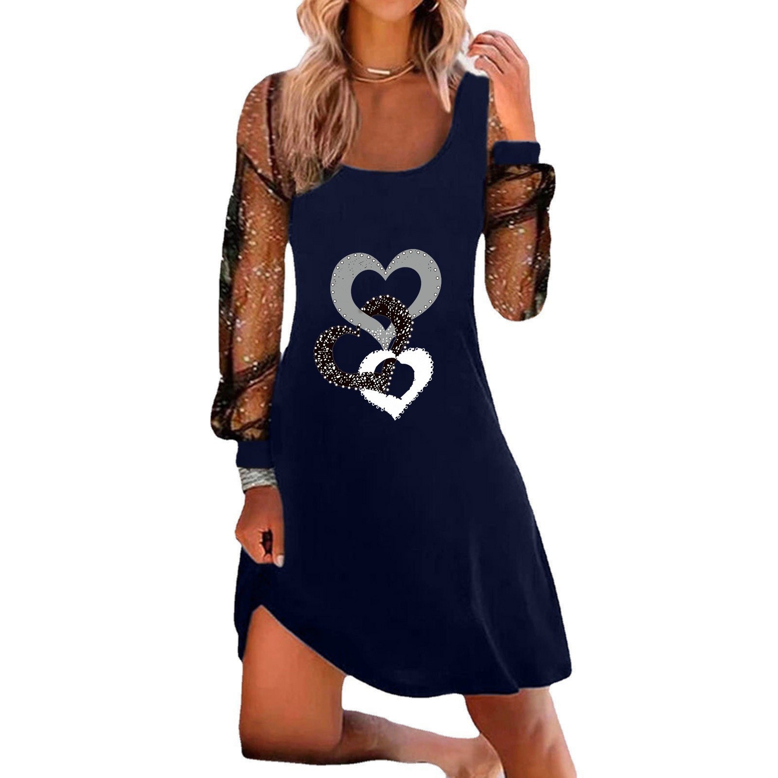 Ladies Fashion Printed Mesh Panel Dress