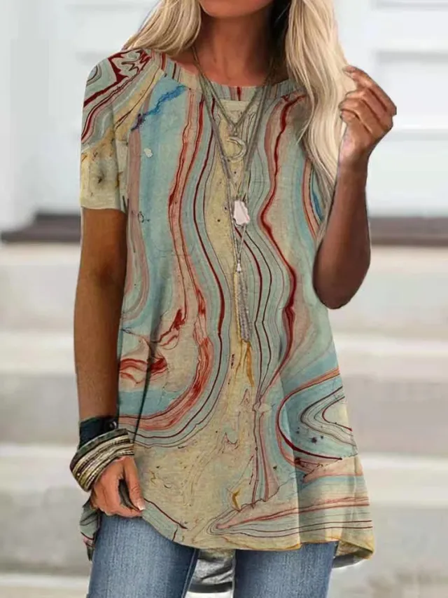 Summer Graffiti Print Short Sleeved Round Neck Mid Length T Shirt Women Khaki - Shop at LoveMi