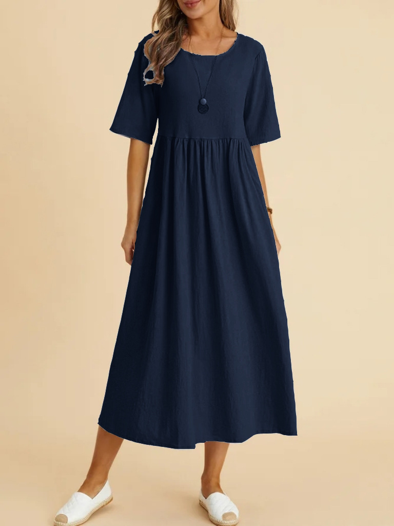 Plus size loose cotton linen midi dress in multiple colors, front view