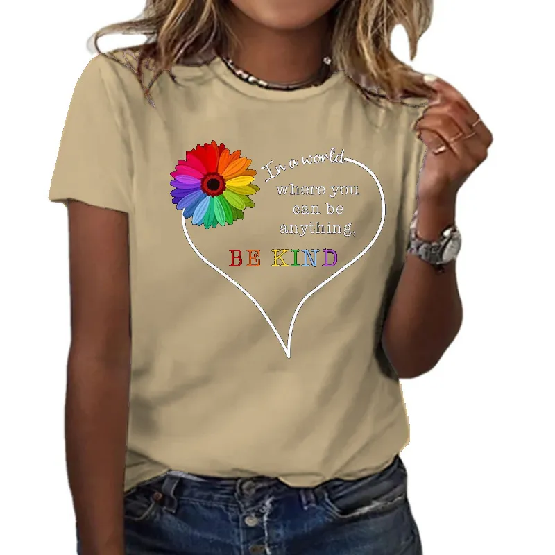 Love Letter Print Tops Women's Short Sleeve T-shirt Summer - Khaki