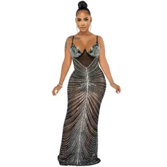 Sparkly Black Mesh Evening Sheer Rhinestone Maxi Dress Spaghetti Straps Crystal Glam - Black - View 1