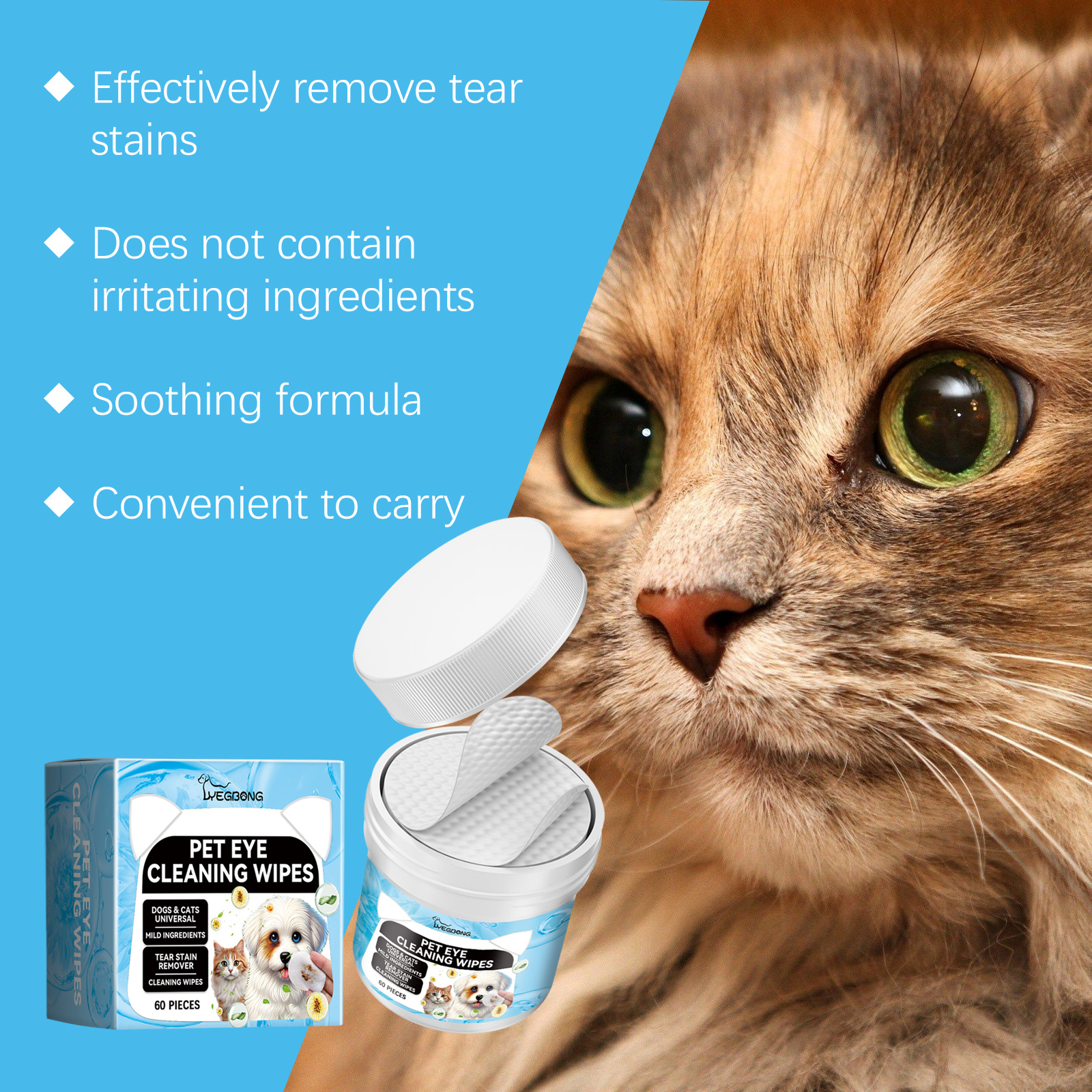 Pet Eye Cleaning Wipes For Dogs & Cats, Tear Stain Remover Pads, Mild Citric Acid Formula, 60 Count — foto 6