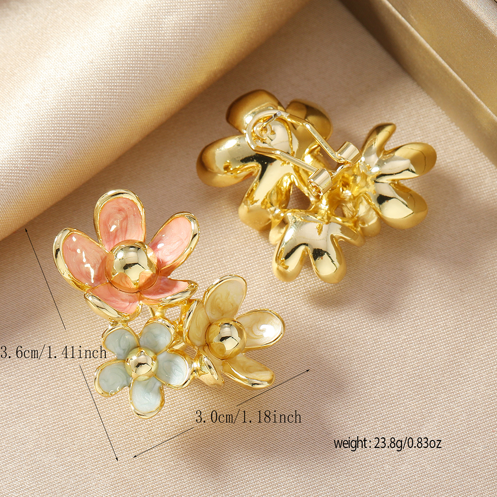 1 Pair Alloy Enamel Cluster Flower Earrings, Colorful Floral Statement Studs For Women, Trendy Party & Daily Jewelry