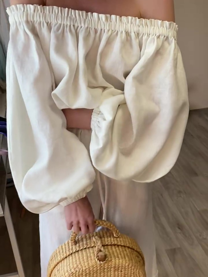 Cotton And Linen One-shoulder Long-sleeved Top & Wide-leg Pants Suit