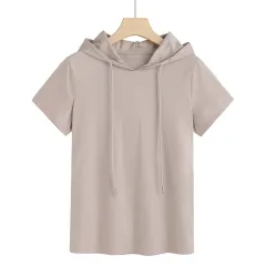 80's Mercerized Cotton Short-sleeved Hooded Women's T-shirt - Apricot Gray - View 1