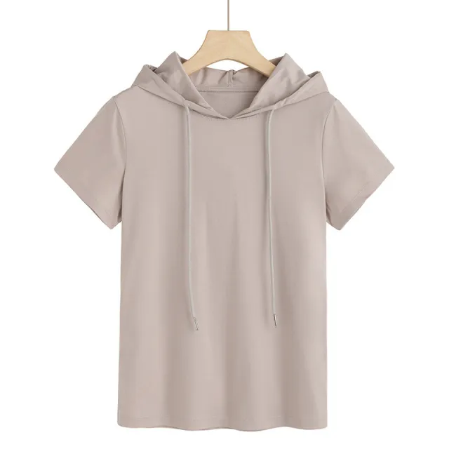 80's Mercerized Cotton Short sleeved Hooded Women's T shirt Apricot Gray - Shop at LoveMi