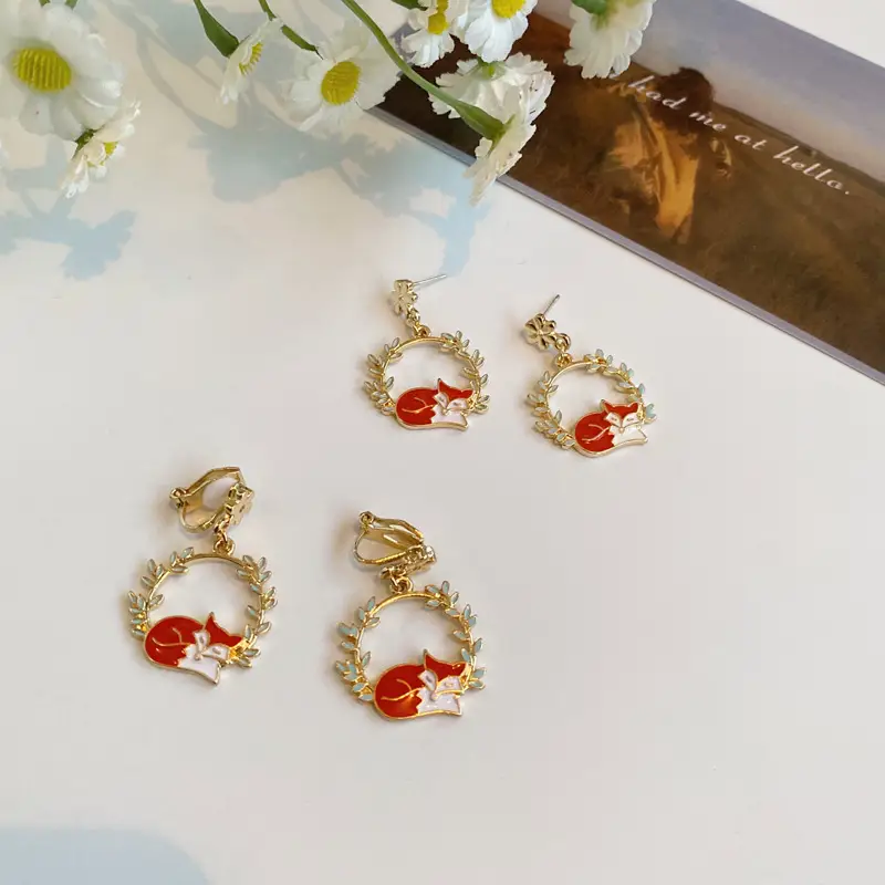 Cute Flower Red Little Fox Earrings