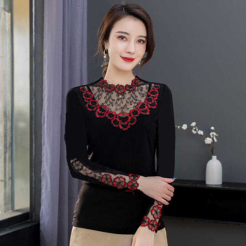 Lace Round Neck Western Style Mesh Long-sleeved Low-neck Blouse Thin