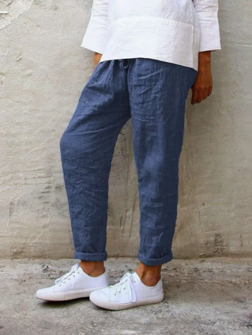 Drawstring Solid Color Cotton And Linen All match Harem Pants Blue - Shop at LoveMi