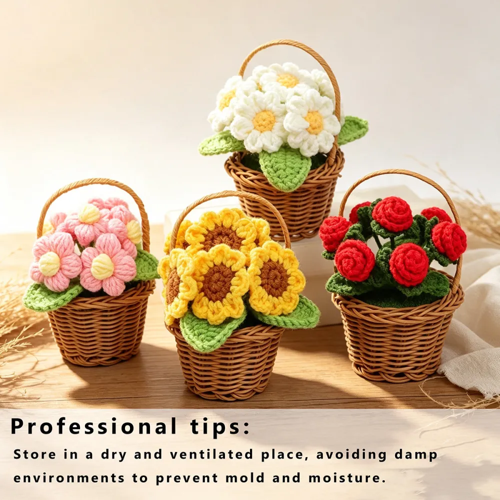 Handmade Crochet Assorted Flower Basket Potted Ornaments, Everlasting Soft Yarn Crochet Blooms With Woven Carry Basket, Indoor Home Tabletop Decorative Ornaments