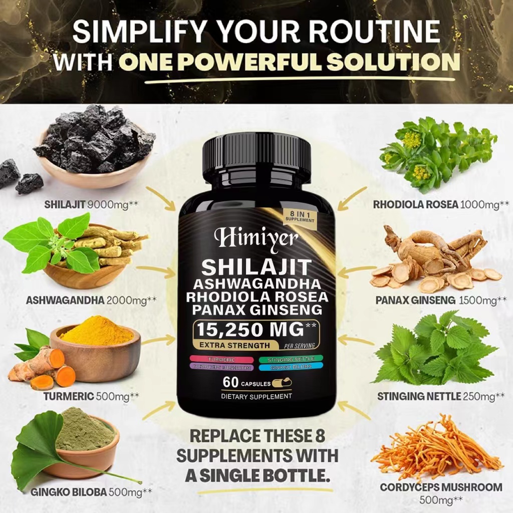 Multi-Herbal Energy Boost Supplement Capsules - 60 count - Introducing our revolutionary Nature's Synergy Formula, a comprehensive combination of Shilajit Pure Himalayan, Ashwagandha, Rhodiola Rosea, Panax Ginseng, Gingko Biloba, enriched with 8 potent in