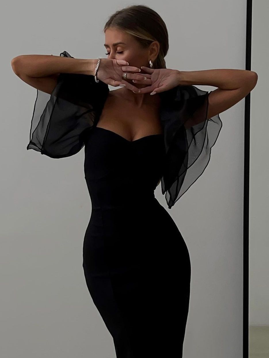 Women's Temperament Mesh Ruffle Sleeve Square Collar Hip-wrapped Mid-length Dress