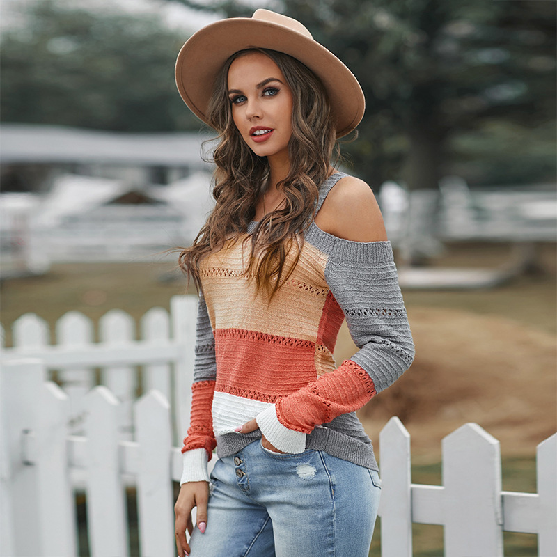 Off-the-shoulder Sweater Women Autumn And Winter Contrast Stitching Sexy Knitted Top