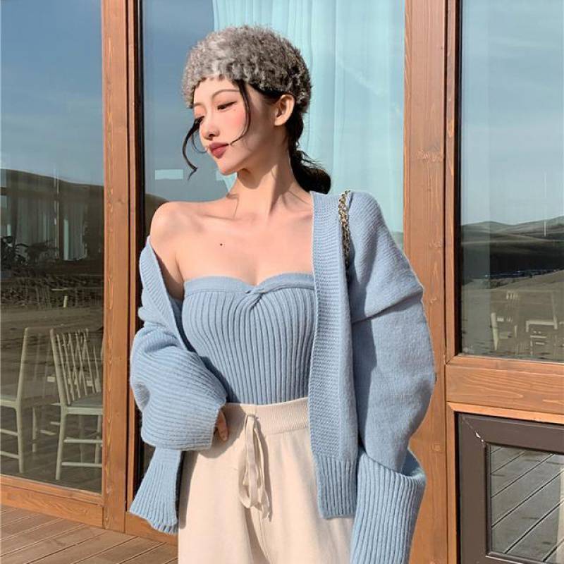 Korean Version Of Loose Mid - Long Retro Cardigan Sweater Suit