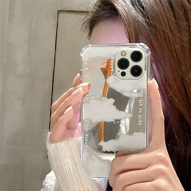 Custodia specchio bianca con spazzola per trucco, telefono mobile