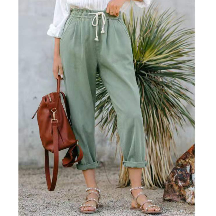 Pure Color Casual Elasticated High-waist Straight-leg Trousers