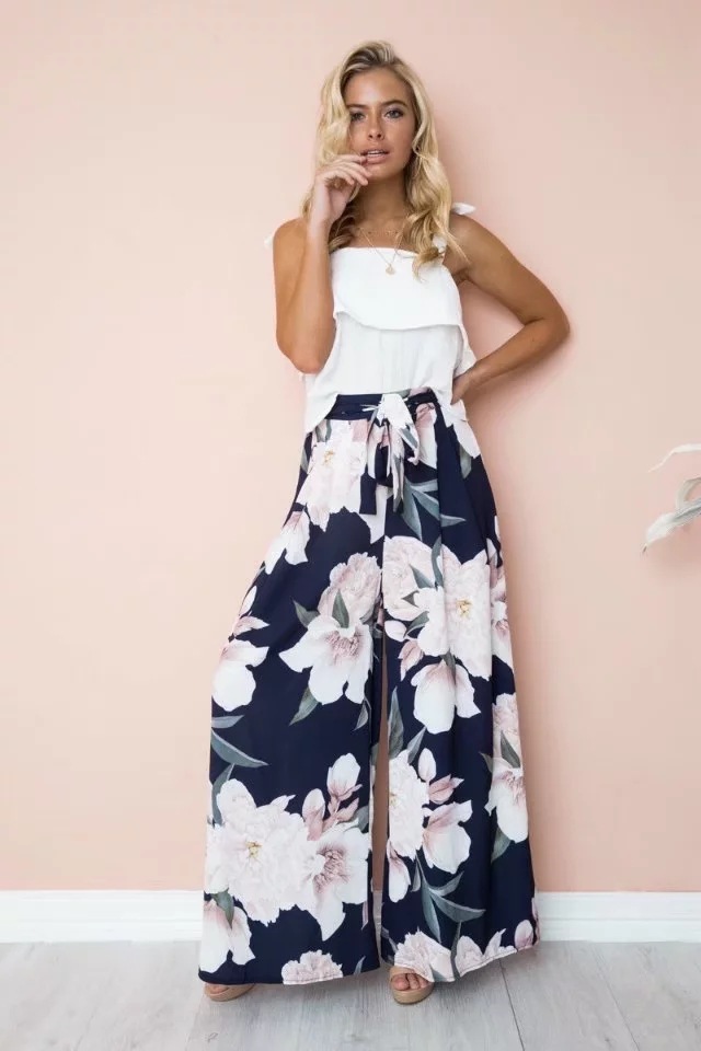 High Waist Loose Printed Casual Wide Leg Trousers