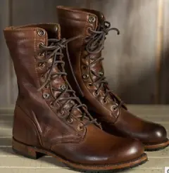 Motorcycle Boots Women Men Retro Lace-Up Combat Boot Low Heel Shoes - Brown - View 1