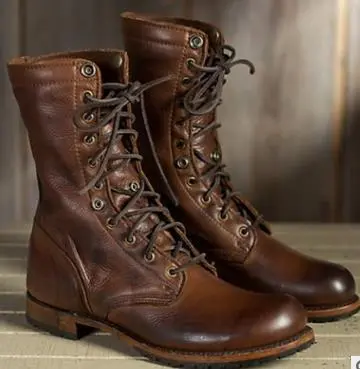 Motorcycle Boots Women Men Retro Lace-Up Combat Boot Low Heel Shoes - Brown