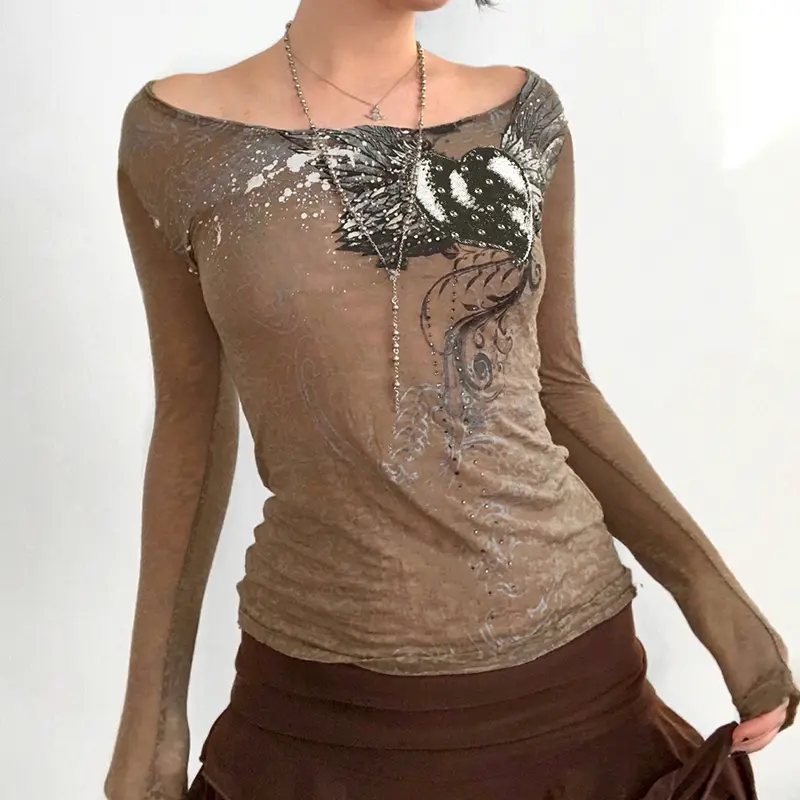 Distressed Montage Printing One Neck Long Sleeved T Shirt All Match Top