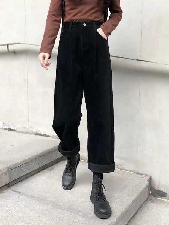 Women's Elastic Waist Corduroy Casual Pants Trousers Black - Shop at LoveMi