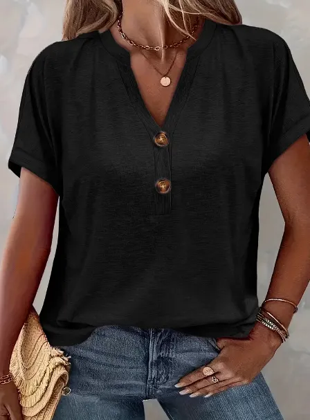 Women's Solid Color Button Short Sleeved Shirt Black - Shop at LoveMi