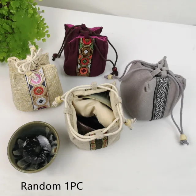 Cotton linen Tea Set Bag With National Wind drawn Rope Bundle Mouth Random - Shop at LoveMi