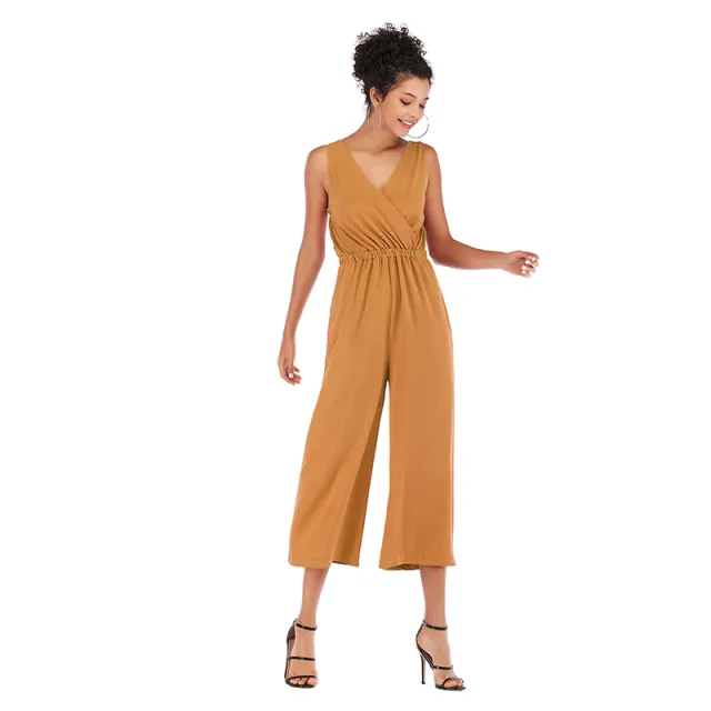 Sling Chiffon Jumpsuit Summer Wide leg Trousers Women Yellow - Shop at LoveMi
