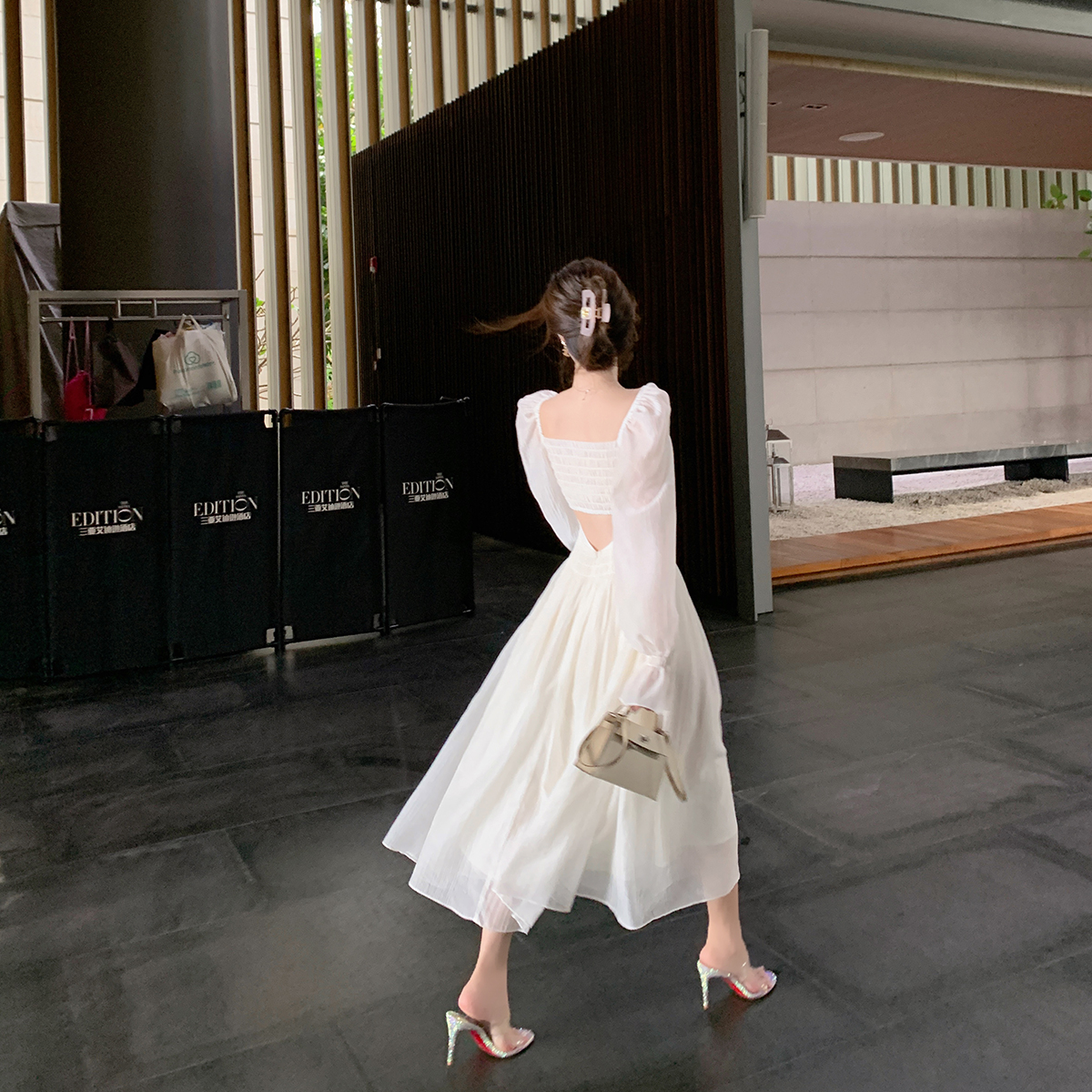 Square-Neck Bubble-Sleeve Dress, picture 5 of 6