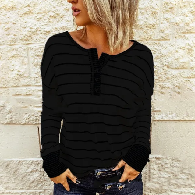 Fashion Knitted Striped Button Long sleeved Women Black - Shop at LoveMi